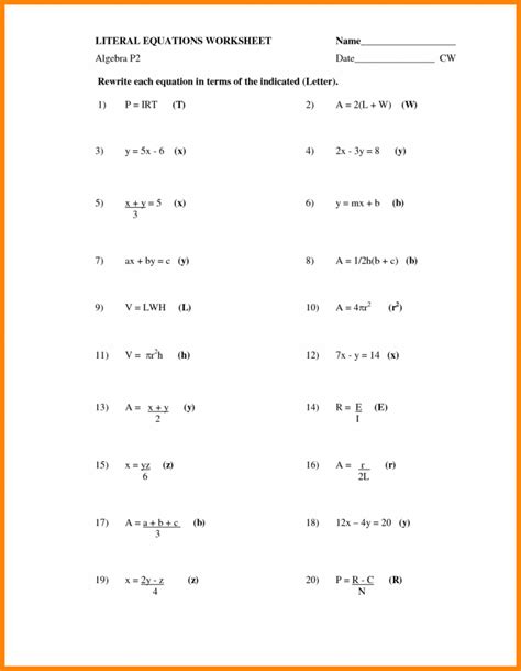 Literal Equations Worksheet for Algebra | MySchoolsMath.com