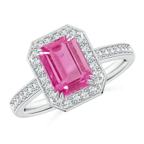 Emerald-Cut Pink Sapphire Engagement Ring with Diamond Halo | Angara Canada