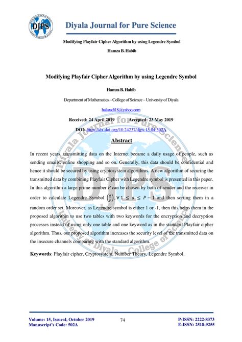 (PDF) Modifying Playfair Cipher Algorithm by using Legendre Symbol