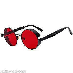 Steampunk Gothic Retro Round Circle Sunglasses Black Metal Frame Red Lens C12 | eBay