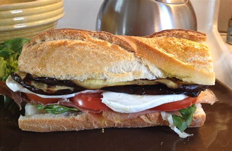 Grilled eggplant, prosciutto, mozzarella, basil and tomato sandwich - LOVE-the secret ingredient