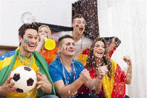 Excited fans of soccer celebrating winning match 933309 Stock Photo at Vecteezy