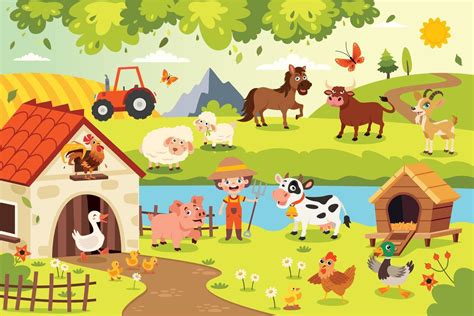 Farm Scene With Cartoon Animals 16260882 Vector Art at Vecteezy