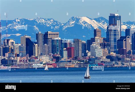 Seattle Skyline Sailboats Puget Sound Cascade Mountains Washington ...