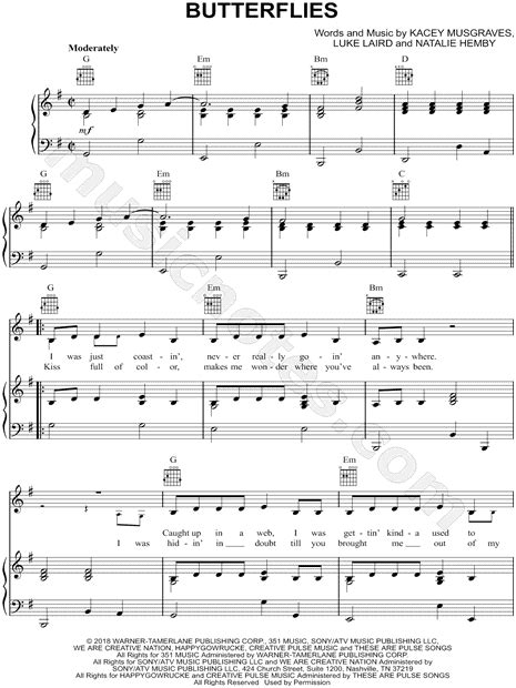 Kacey Musgraves "Butterflies" Sheet Music in G Major (transposable) - Download & Print - SKU ...