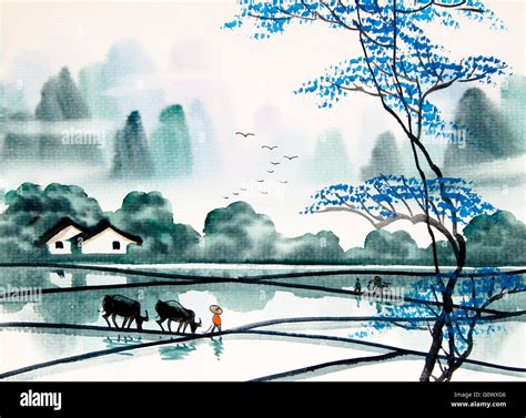 Chinese landscape watercolor painting Stock Photo - Alamy