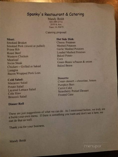 Menu of Spanky's Restaurant & Catering in Gladbrook, IA 50635