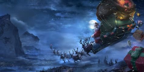 Wallpaper : Santa Claus, reindeer, sleigh, flying, gifts, Christmas 2104x1060 - wallup - 1044054 ...