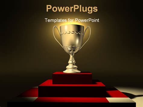 PowerPoint Template: Golden trophy glowing on red presentation platform (30635)