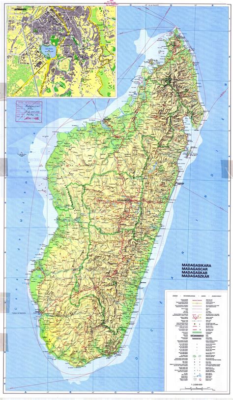 Large scale topographic map of Madagascar with all roads, cities, sea ...