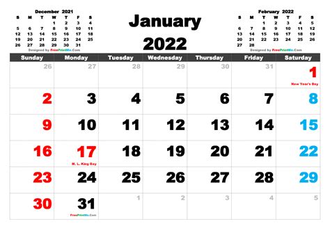 Free Printable January 2022 Calendar PDF PNG Image