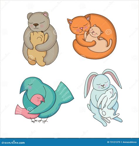 Set of Hand Drawn Baby and Mommy Animals Stock Vector - Illustration of ...