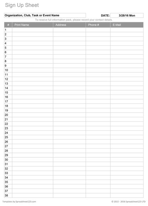 Printable Sign Up Worksheets and Forms for Excel, Word and PDF