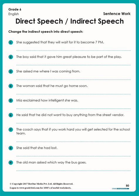 Direct And Indirect Speech Worksheets With Answers Class 8 - Printable Online