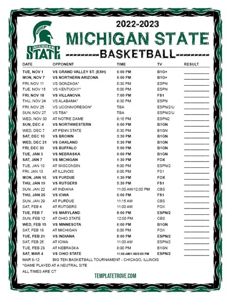 Printable 2022-2023 Michigan State Spartans Basketball Schedule