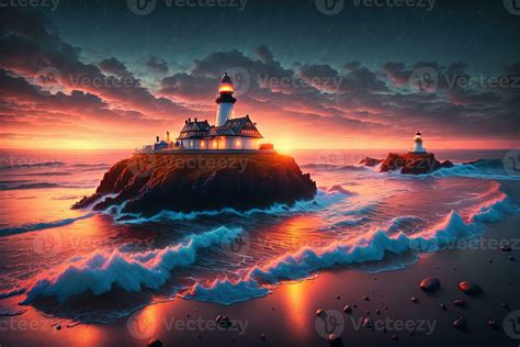 Beautiful lighthouse adorned nighttime seascape with a gloomy sky at ...