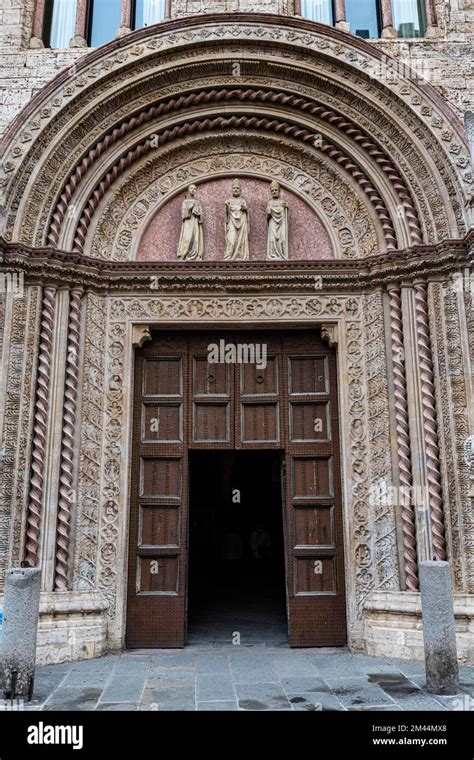 Entrance gate of the Perugia cathedral, historic center of Perugia ...