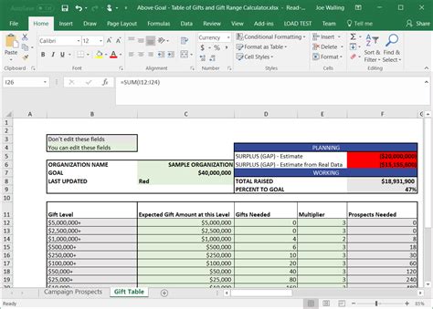 Gift Range Chart Template Excel