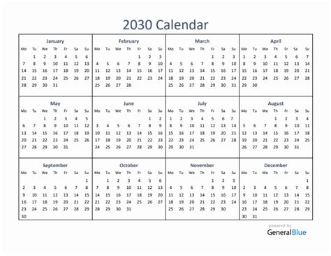 One-Page Yearly Calendar 2030 (PDF Excel Word)