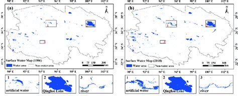 Surface water maps of 1986 (a) and 2018 (b). | Download Scientific Diagram