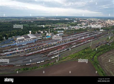 Railway turntable for locomotives aerial panorama landscape view,Nymburk trainstation,Europe ...