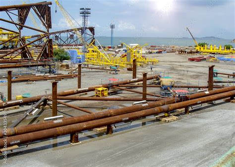 Oil rig platform during construction site in the harbor yard and ...