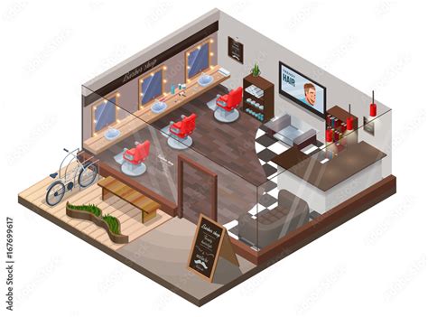 Isometric 3d barber shop interior, hipster hair salon design with ...