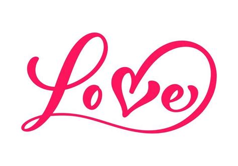 Red Calligraphy word Love. Vector Valentines Day Hand Drawn lettering. Heart Holiday Design ...