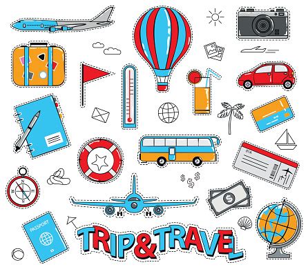 Set Of Travel Cartoon Stickers In Retro Style Stock Illustration - Download Image Now - iStock