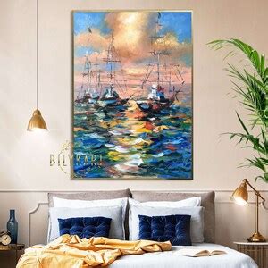 Large Boat at Sunset Oil Painting Original Colorful Seascape Paintings on Canvas Sailboat Framed ...