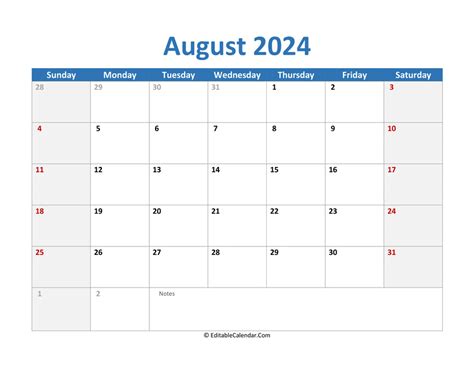 2024 August Calendar With Holidays Template Free - Printfree Calendar 2024