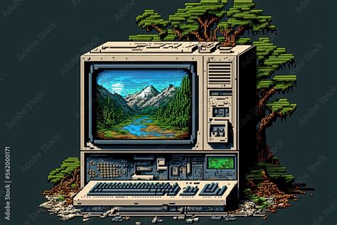 Pixel art old computer with landscape wallpaper, background in retro ...