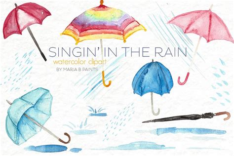 Umbrella & Rain Watercolor Clipart