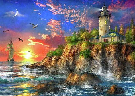 The Ocean Sunset Lighthouse Painting by MGL Licensing - Fine Art America