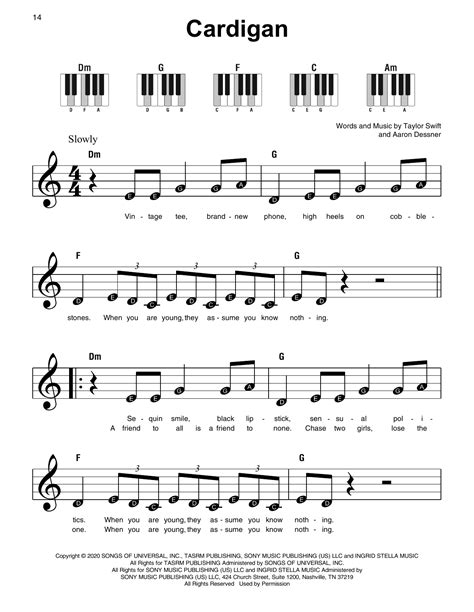 cardigan by Taylor Swift Sheet Music for Super Easy Piano at Sheet Music Direct