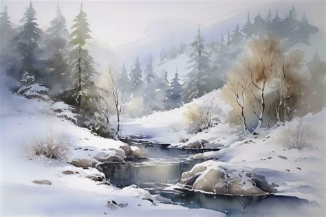 Paint a watercolor landscape of a winter scene, featuring a snow-covered forest or mountains ...