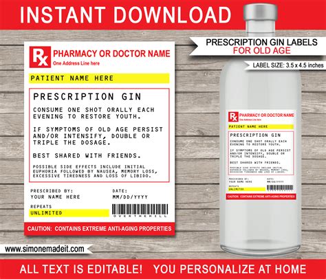 Old Age Prescription Gin Labels | Printable Fake Pharmacy Label Gag Gift