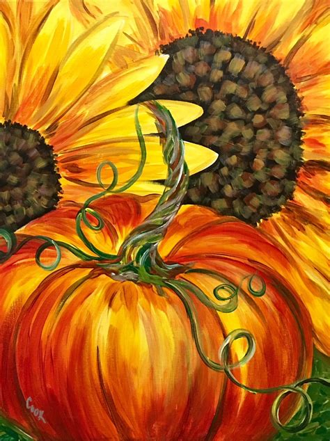 an acrylic painting of two sunflowers and a pumpkin