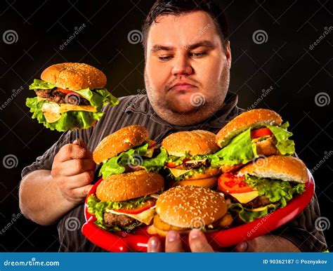 Fat Man Eating Fast Food Hamberger. Breakfast For Overweight Person ...