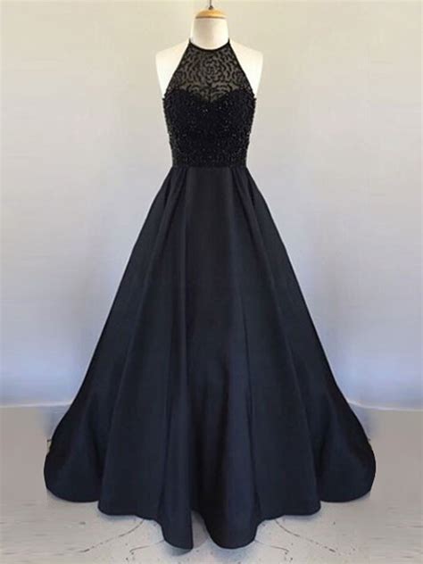 Black Prom Dresses Halter A Line Beading Satin Sexy Long Prom Dress JK ...