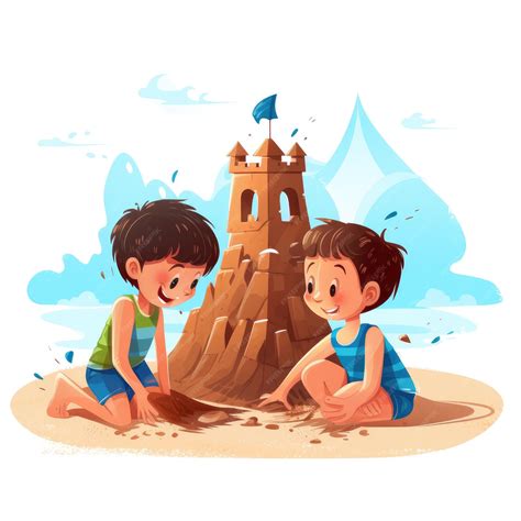 Premium Photo | Cartoon children playing sand castle on beach AI generated Image