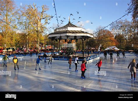 Victorian bandstand and ice skating rink at 'Winter Wonderland' Hyde Park, City of Westminster ...