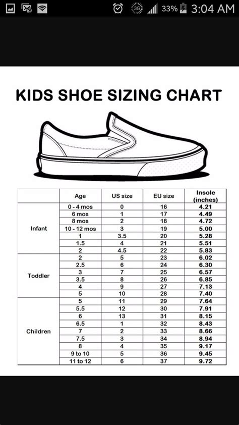 Printable Kids Shoe Size Chart Us