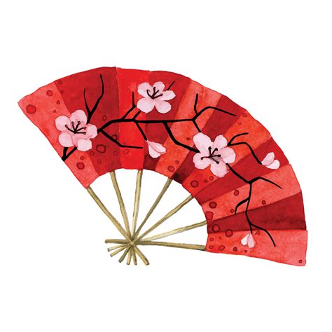 watercolor drawing. Japanese fan. red fan with sakura flowers chinese ...