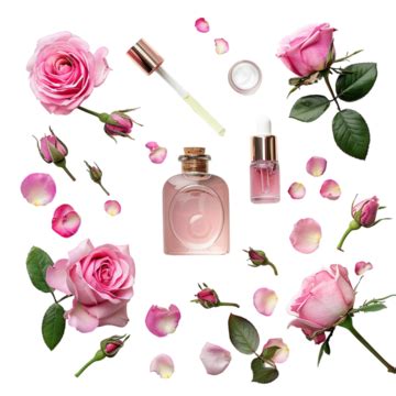 Pink Roses And Perfume Bottles On Transparent Background, Pink Roses And Perfume Bottles, On ...