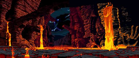 an old computer game screen with lava and rocks in the background, as ...