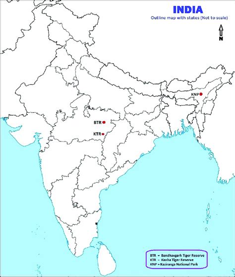 Map of India indicating the locations of The Kanha Tiger Reserve (KTR ...