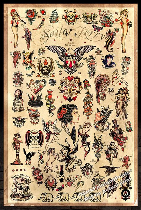 Sailor Jerry Tattoo Designs (Flash) #3 - Poster Print 24"x36" - Free Shipping in U.S. | Sailor ...