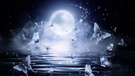 2048x1152 Wallpaper moon, butterflies, stars, glitter, art | Scenery ...