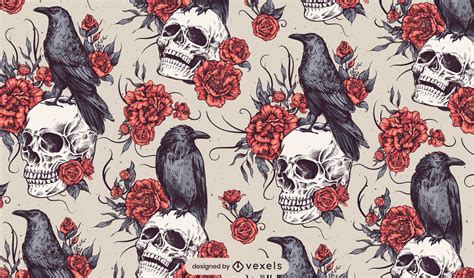 Skull Raven Roses Goth Pattern Design Vector Download